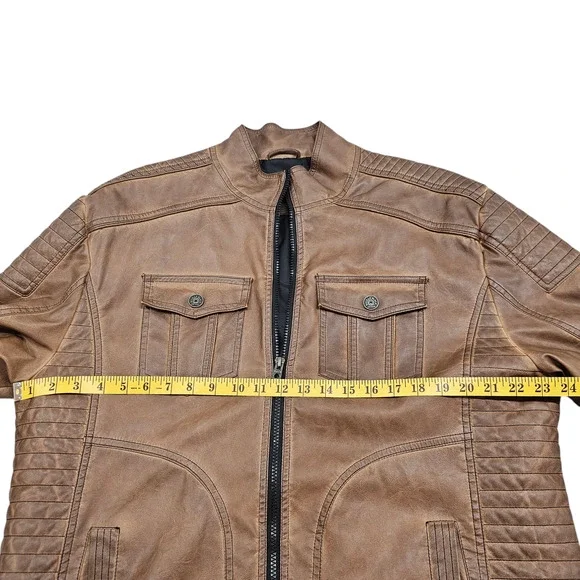 Buckle Black Jacket Mens XL Brown Faux Leather Moto Style Full Zip Distressed
